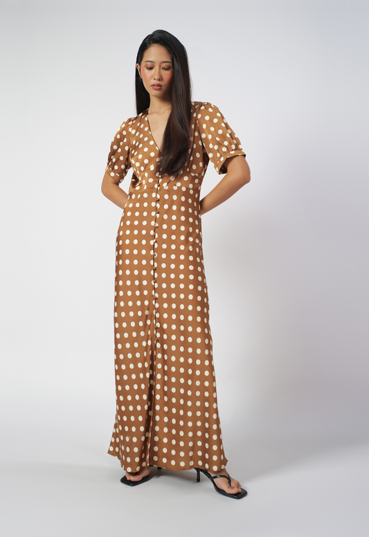 RAF Isabelle Short Sleeve Dress (Polka Brown)