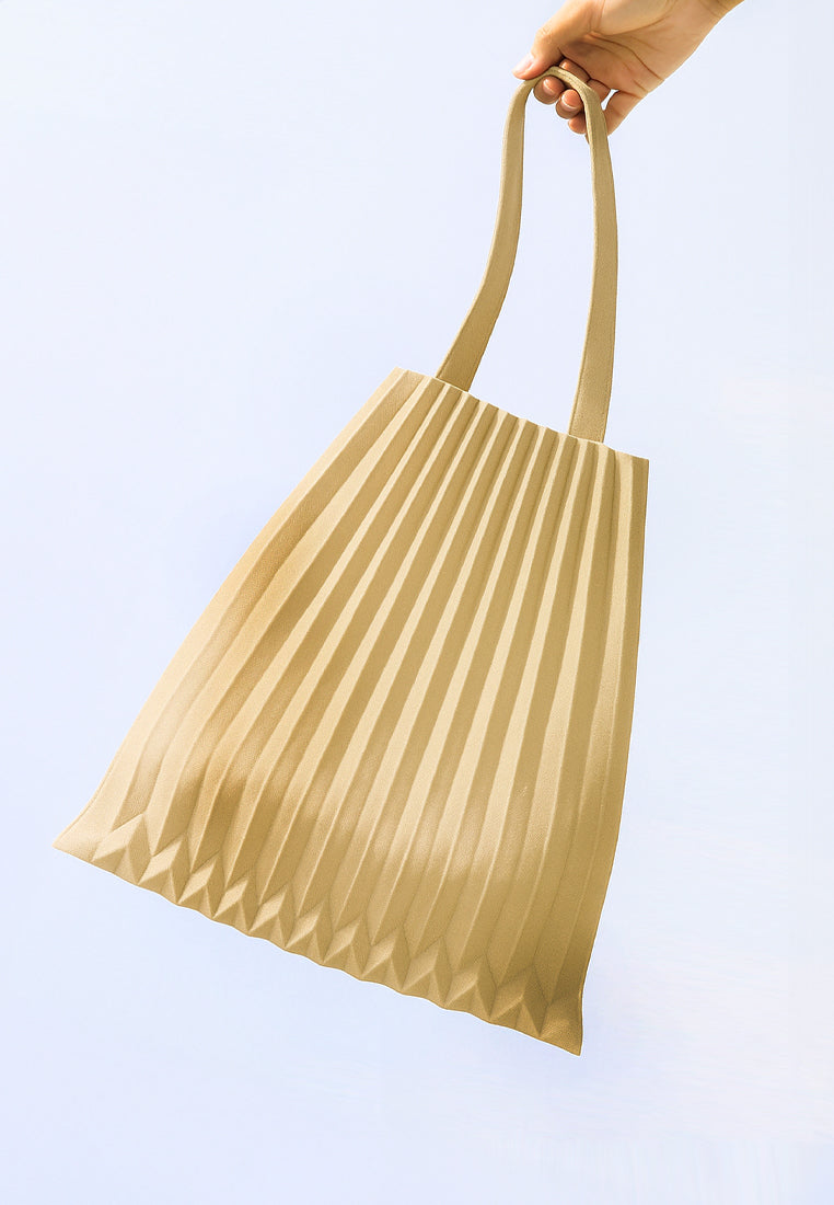 Pleated Tote Hand Bag (Beige)